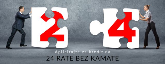24-rate-kredit-bez-kamate Muškarac i žena sa simboličnim puzzle delovima koje treba uklopiti i natpis o apliciranju za kredit bez kamate