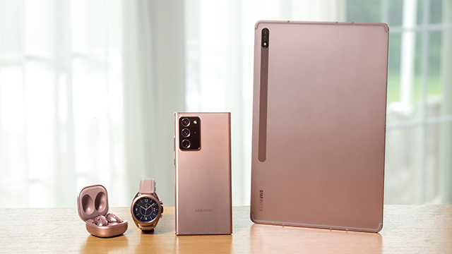 Mistično bronzane Galaxy Buds bežične slušalice, Watch3 pametni sat, Note20 Ultra mobilni telefon i Tab S7 plus tablet