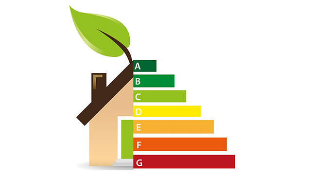 Skala energetske efikasnosti predstavljena bojama, uz kućiću za zelenim listom kao simbol smanjene potrošnje energije
